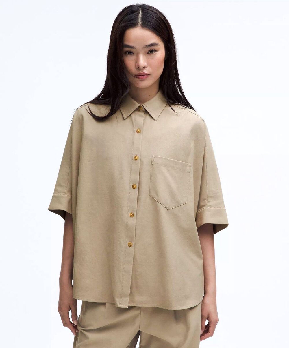 NWT $98 LuluLinen Oversized Boxy Relaxed Button-Up Top Beige Women Size XS (B1)